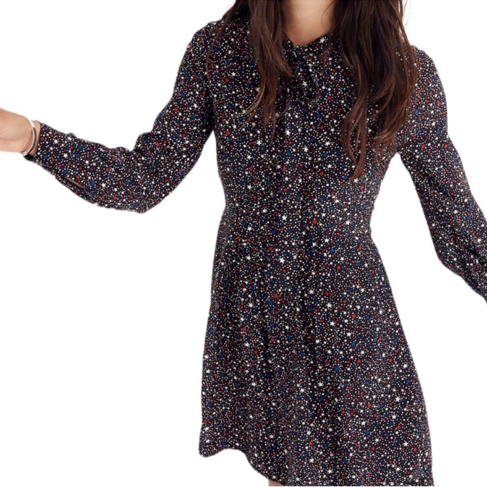 Madewell 100% Silk Balsam in Starry Night Dress Independence Day Blue Red Sz 14